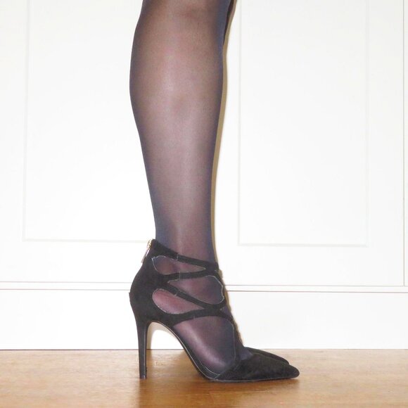 USED Jessica Simpson Pamira Black Caged Stiletto Suede Pump Strappy Heels US 8.5 - Picture 2 of 15